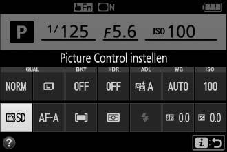 1 Geef opties voor Picture Control weer. Druk op de P-knop, markeer vervolgens de huidige Picture Control en druk op J. P-knop Informatiescherm 2 Selecteer een Picture Control.