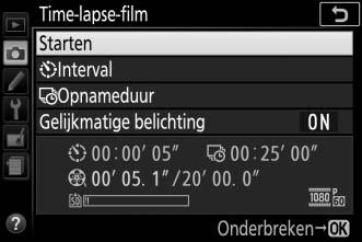 A Voor aanvang van de opname Time-lapse-films worden opgenomen met behulp van de filmuitsnede; maak vóór het opnemen van een time-lapse-film eerst een testopname bij de huidige instellingen en bekijk