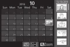 Kalenderweergave Druk op de W (Q)-knop wanneer er 80 foto s worden weergegeven om foto s te bekijken die op een geselecteerde datum zijn gemaakt.
