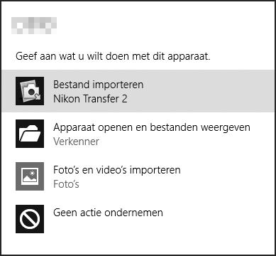 A Windows 7 Selecteer Nikon Transfer 2 zoals hieronder beschreven als het volgende venster wordt weergegeven. 1 Onder Afbeeldingen en video s importeren, klik op Ander programma.