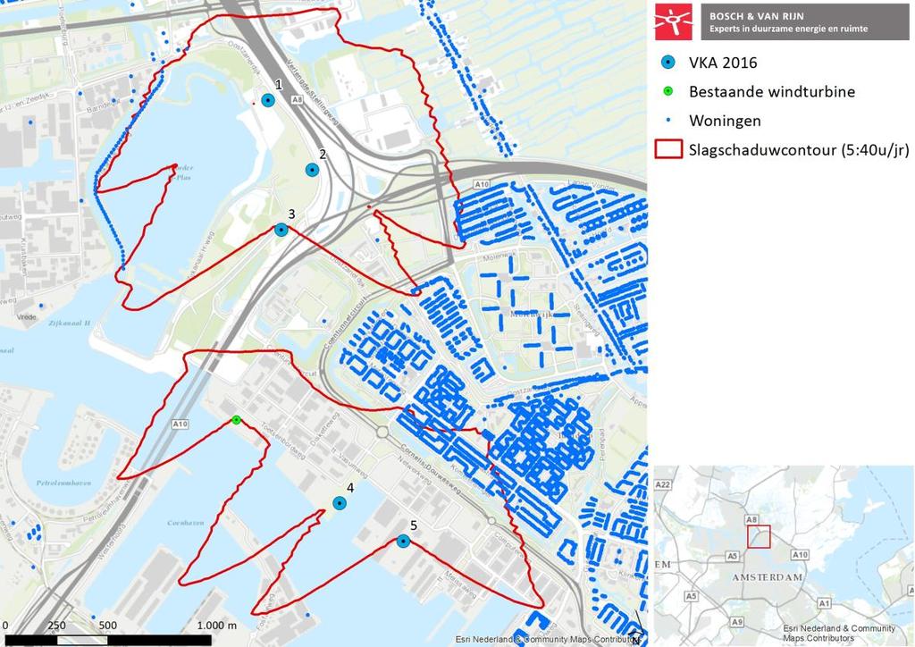 5 Resultaten Slagschaduwcontour Onderstaande afbeelding toont de slagschaduwcontouren van 5 uur en 40 minuten slagschaduw per jaar, uitgaande van langjarige meteorologische gegevens.