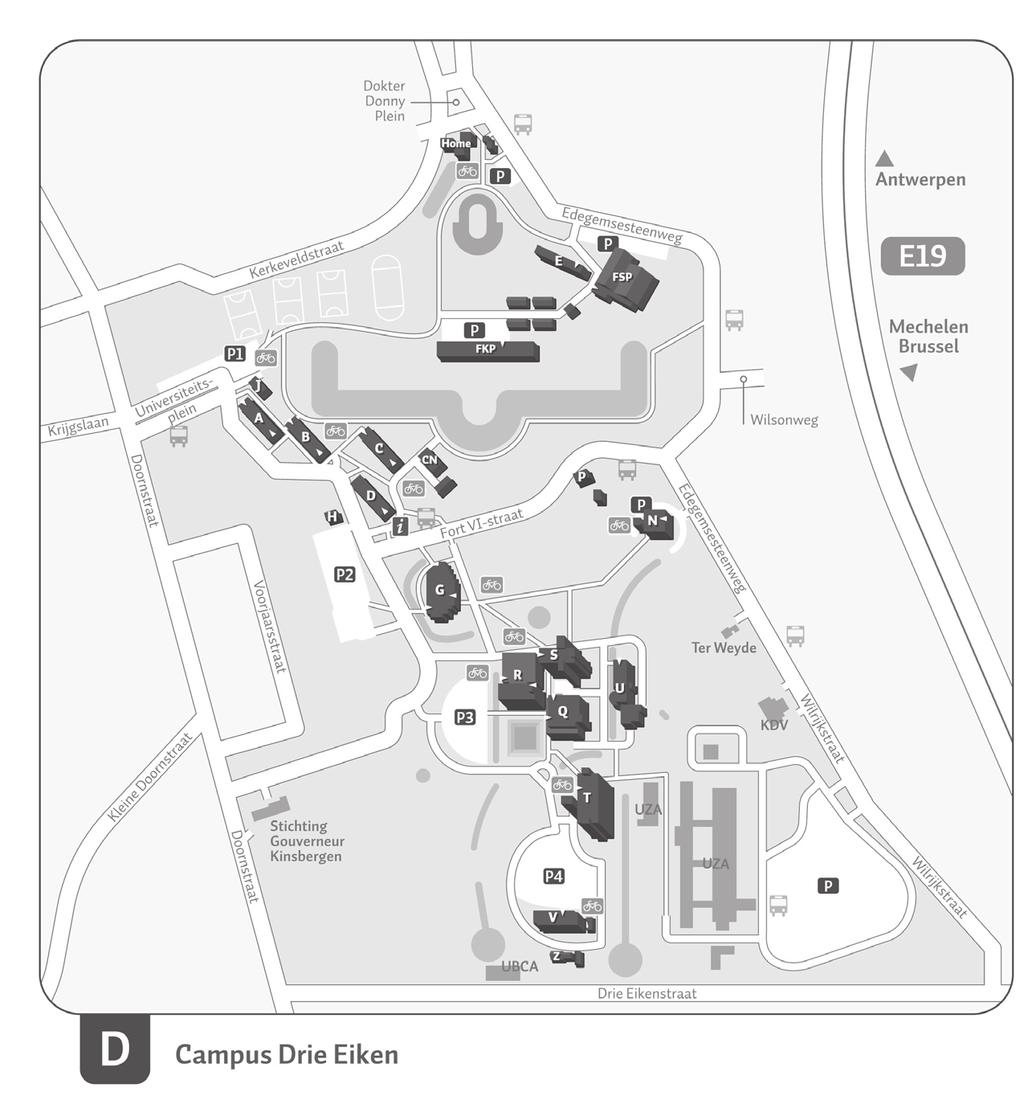 Plattegrond van de campussen 45 Hoofdadres campus Drie Eiken Universiteitsplein 1-2610 Antwerpen (Wilrijk) Onthaal Auditoria Bib-leeszaal Linguapolis CNO Dept. ICT - nieuwe mediadienst Dept.