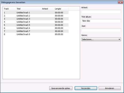 Audio-cd en audiobestanden Metagegevens bewerken Het venster Metagegevens bewerken wordt ook geopend als er geen overeenkomstig gegeven is gevonden in de database, maar u de metagegevens wilt