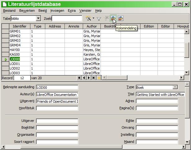 Afbeelding 17: Hoofdvenster Literatuurlijstdatabase Records filteren Selecteer Extra > Filteren op de Menubalk voor de Literatuurlijstdatabase om een filter voor specifieke records in