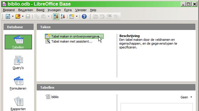Dit opent een venster, zie Afbeelding 22, wat het hoofdmenu is voor Base, de databasecomponent van LibreOffice.