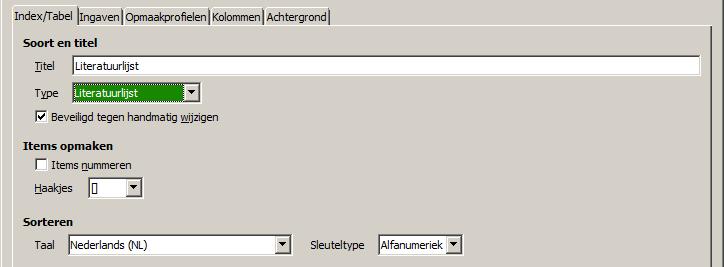 De literatuurlijst opmaken betekent aanpassingen op twee plaatsen: Dialoogvenster Index/inhoudsopgave invoegen (in dit gedeelte beschreven). Opmaakprofiel Literatuurlijst 1 (zie pagina 38).