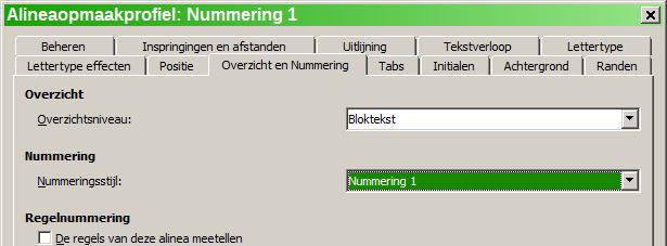 Wijzigen. 5) Ga, in het dialoogvenster Alineaopmaakprofiel, naar het tabblad Nummering en selecteer Nummering 1 uit de keuzelijst. (Zie Afbeelding 31).