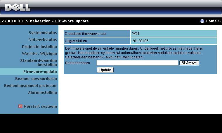 Firmware-update Gebruik de pagina Firmware-update om de draadloze firmware van uw projector bij te werken.