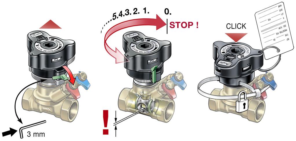 Als de rode testplug open is, wordt aan de aanvoerzijde van de afsluiter afgetapt. Instelling en afdichting De klep heeft een voorinstelling voor debietinstelling/-aanpassing.