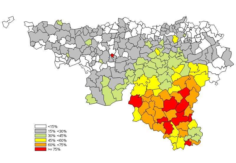Producties - 2012* Belang van de rundvleesproductie in de waalse gemeenten (2012) (In % van de totale productiewaarde van