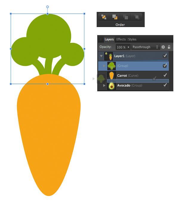 Stap 3 de functie volgorde rangschikken van de objecten, het groene deel onder de wortelbase te plaatsen.