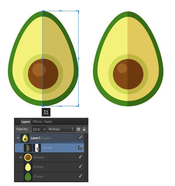 van de bijgesneden afbeelding volledig. Geweldig! Onze avocado ziet er net als het zou moeten in vlakke stijl kijken. Laten we overgaan tot de volgende groente! 2.