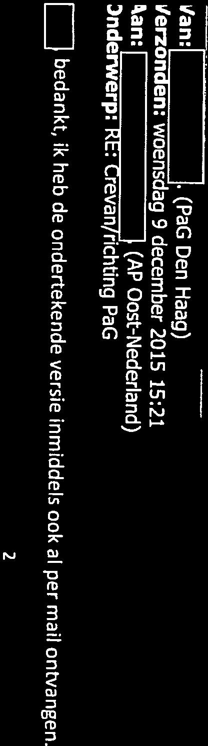 ontvangen. Ierzonden: woensdag 9 december 2015 15:21»iderwerp: RE: Crevan/richting PaG an 1 (AP Oost-Nederland) (PaG Den Haag) 1 11f +31 (0)88 699 0164 1 1 www.