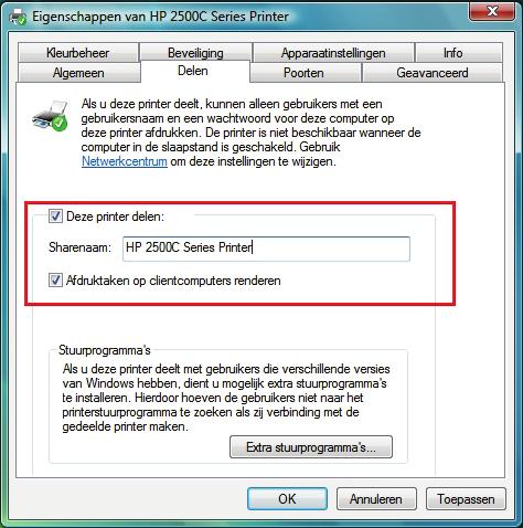 Schakel het vakje Deze printer delen in. 7.