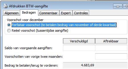 Derde kwartaal 2017 forfaitair voorschot 3e kwartaal BTW te betalen: 4683,69 EUR Te betalen voor 20/10/2017: 4683,69 EUR (te betalen derde kwartaal) Te betalen voor 24/12/2017: