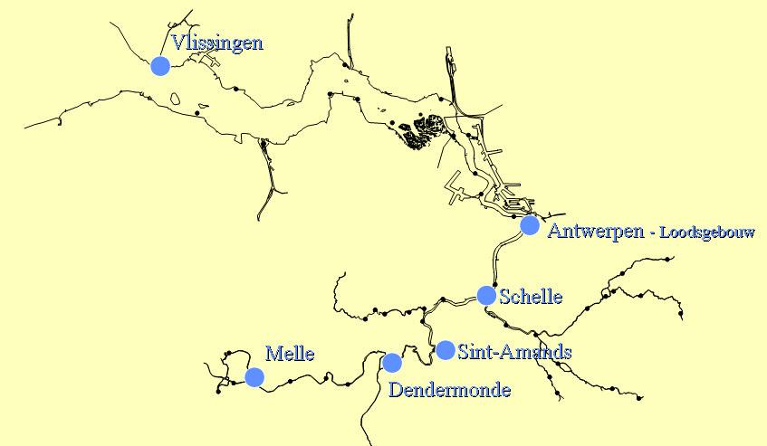 Figuur 3 - Zeeschelde: algemeen liggingsplan met aanduiding van de beschouwde tijmeetposten Bovenstaande figuur toont de ligging van de hierna in grafieken nader besproken tijmeetlocaties, als