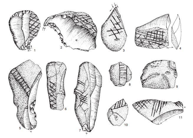 FIG. 4: ARTEFACTEN MET GEGRAVEERDE CORTEX VAN FEDERMESSER-VINDPLAATSEN IN DE PROVINCIES NOORD- BRABANT EN LIMBURG (NL) (NAAR: WOUTERS 1991: FIG. 6). * * * DEEBEN J. & RENSINK E.