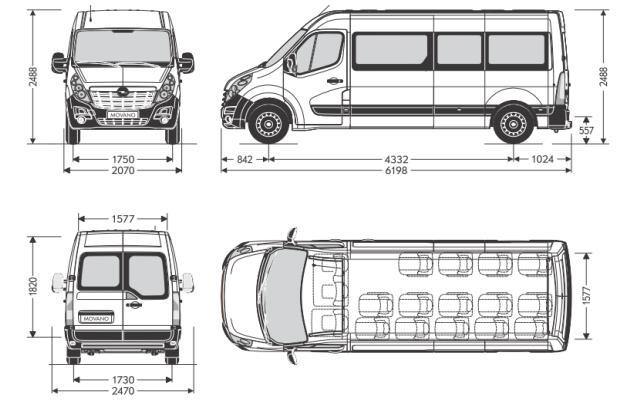 Maten en gewichten Bus L3H2 Bus L3H2 3960 17 Aantal zitplaatsen Afmetingen (mm) Wielbasis 4.332 Totale lengte 6.198 Overbouw voor/achter Spoorbreedte, voor/achter Totale breedte excl./incl.