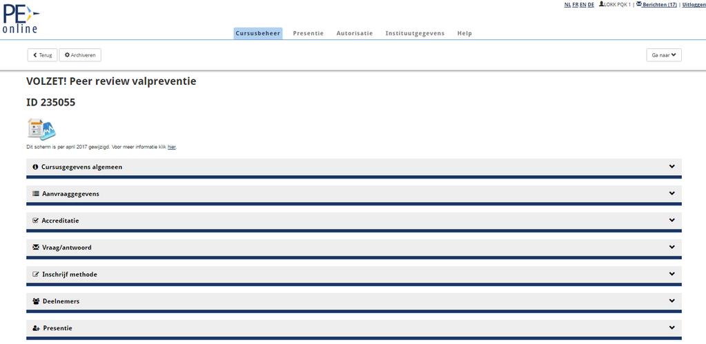 B. Wijzigingen in uw geaccrediteerde activiteit Klik bij Cursusbeheer op de cursus in kwestie.