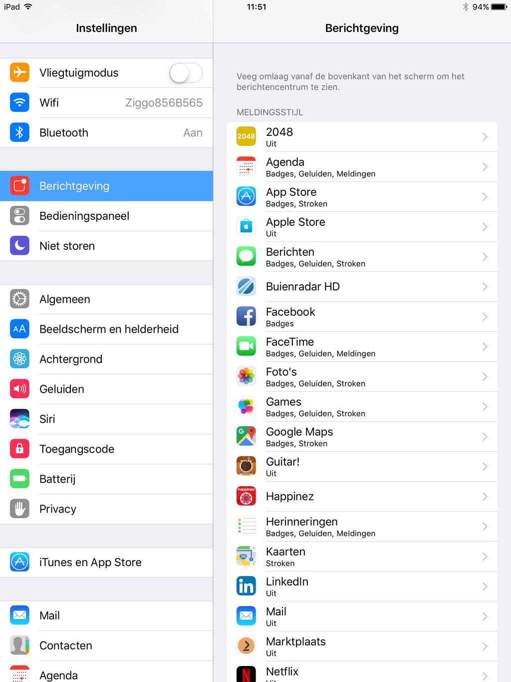 ipad Module 4 Instellingen Berichtgeving: meldingen aanpassen Misschien is jouw ipad wel heel druk met jou allemaal berichtjes sturen over apps. Bijvoorbeeld een antwoord van iemand op Marktplaats.