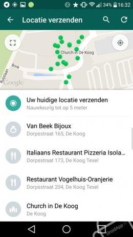 Delen van je locatie (Android) Het delen van je locatie kan gemakkelijk vanuit WhatsApp. Je tikt op de paperclip waarna je kan kiezen voor locatie.