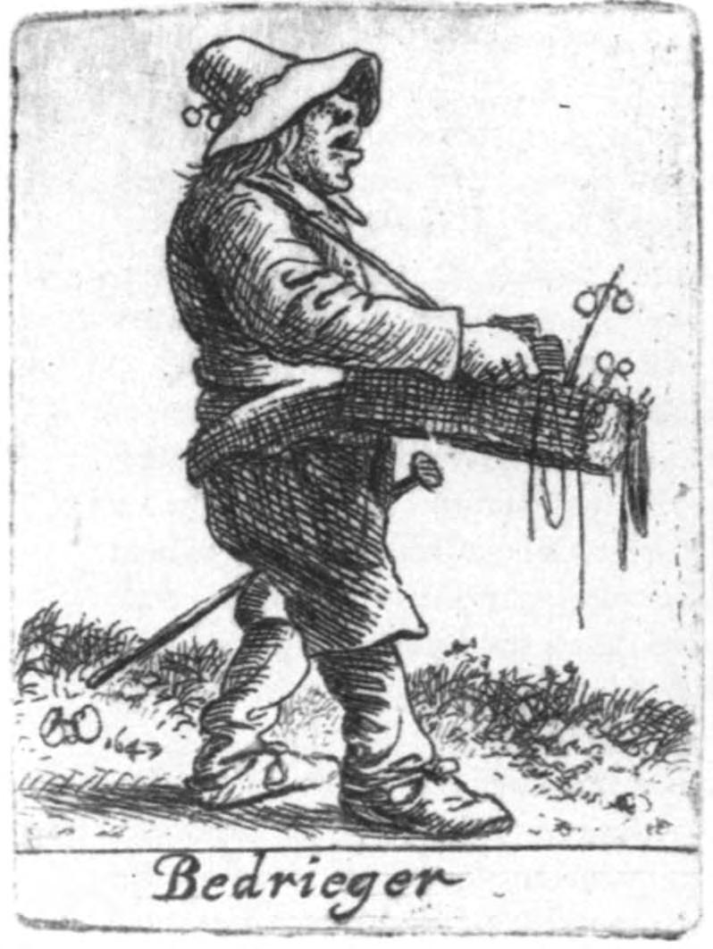 ^ Figure 1, left: Herman Saftleven, "Bedneger" [The Swindler], etching (5.