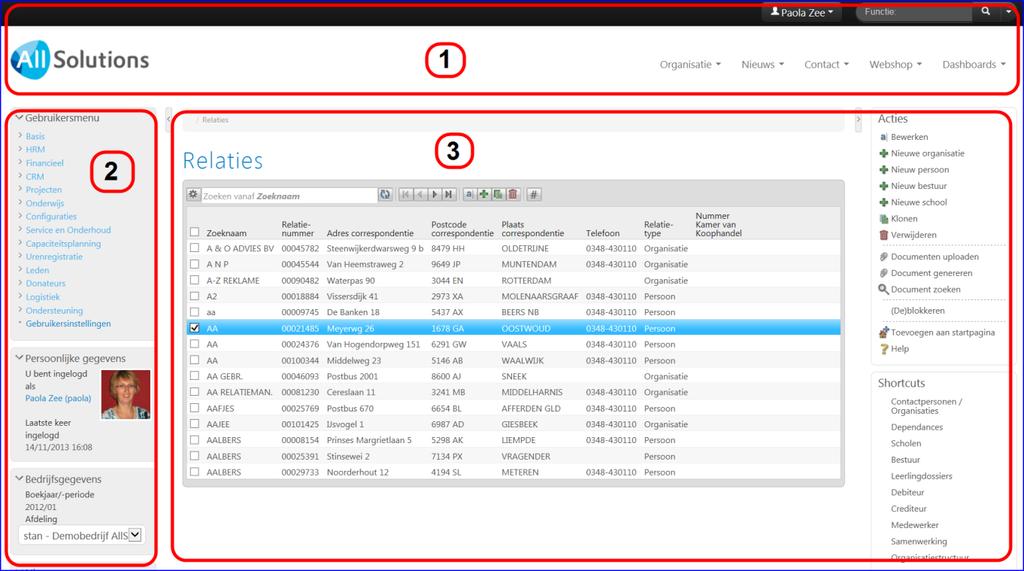 2. Schermindeling In AllSolutions is het scherm opgedeeld in drie delen: 1. De bovenkant met navigatie-elementen zoals het topmenu en de metabar 2.