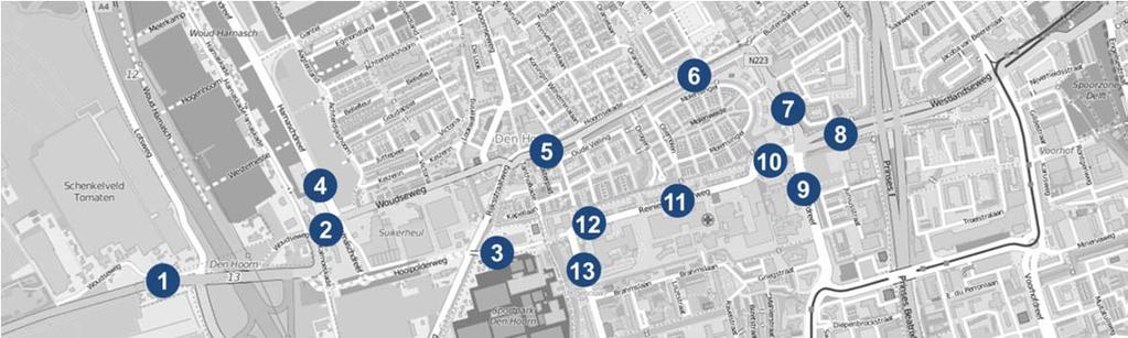 A1 Intensiteiten rondom westelijke ontsluiting Delft Figuur 8 Locaties intensiteiten. Tabel 3 Intensiteiten (etmaal). Locaties 2015 1. Woudseweg (ten westen van A4) 2.
