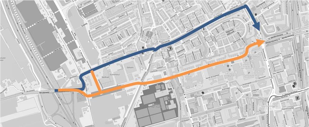 Figuur 2 Studiegebied westelijke ontsluiting Delft met in blauw de huidige westelijke ontsluiting en in oranje de mogelijke nieuwe ontsluiting via de