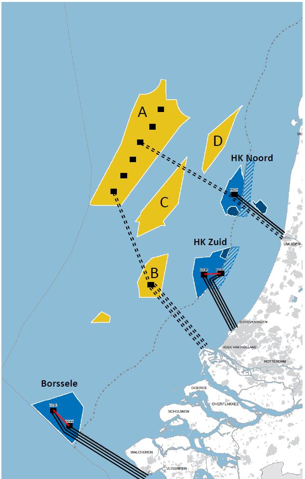 TenneT TSO B.V. DATUM 6 mei 2016 PAGINA 22 van 25 Figuur 1 Schematische weergave van de verbindingen van de windenergiegebieden uit de routekaart (zwarte gesloten lijnen).