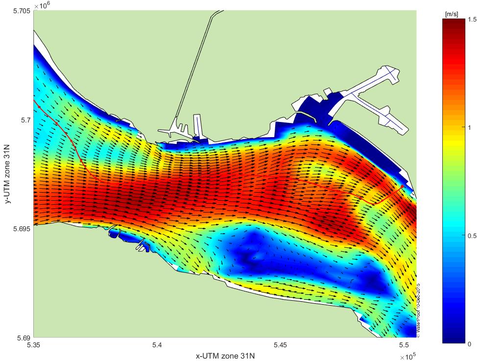 Figure 2.4. Maximum depth-averaged flood velocities in the Western Scheldt during average tide as simulated with the Kustzuid model.