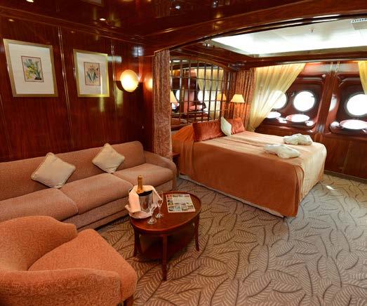 Magellan Deck Standard Colombus Deck Superior Marco Polo Deck Premium Marco Polo Deck Corner Uw suite Aan boord zijn er 59 ruime en smaakvol ingerichte suites.
