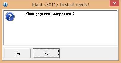 Wanneer de klant code reeds aanwezig is in JoPPS wordt de vraag gesteld of de bestaande informatie moet aangepast worden: