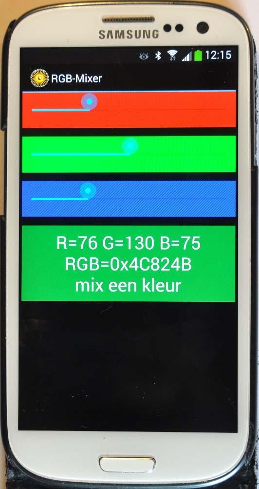 Mixer SeekBar Button SeekBar rood, grn, blw; Button knop; public void schuif(object o, EventArgs ea) { int r, g, b; r = rood.progress; g = grn.progress; b = blw.progress; knop.