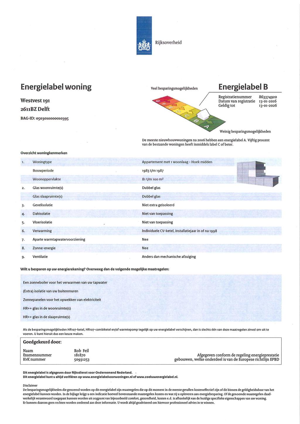 Rijksoverheid Energielabel woning Westvest 191 2611BZ Delft BAG-ID: 0503010000010395 Veel besparingsmogelijkheden Energielabel B Registratienummer 863374920 Datum van registratie 13-01-2016 Geldig