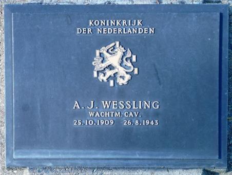 Wachtmeester KNIL Antonius Johannes Wessling geboren: 25 oktober 1909 te Schiedam stamboeknummer: 87683 wachtmeester der cavalerie Op 8 maart 1942 krijgsgevangen