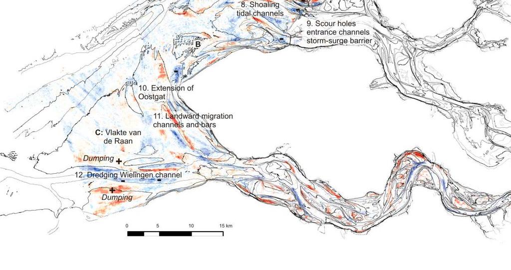 sedimentatie zijn rood, ongeacht de omvang in meters van de sedimentatie en erosie) (VNSC, 2014). Sedimentsamenstelling Sedimentsamenstelling (m.n. korrelgrootte en slibgehalte (fractie < 63 m)) is een belangrijke factor voor de aanwezigheid van bodemdieren (Craeymeersch, 1999; Ysebaert e.