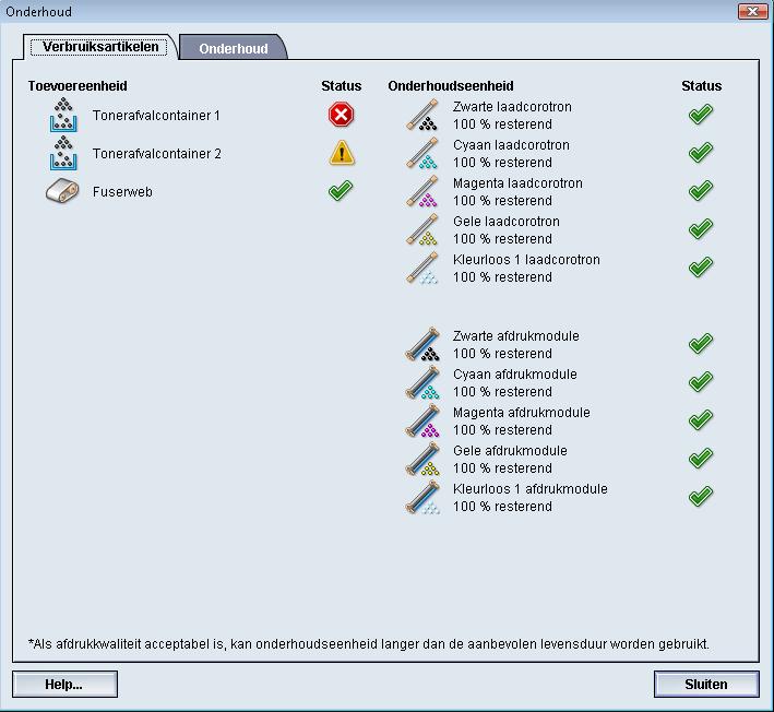 2 Onderhoud op de gebruikersinterface Als u Onderhoud selecteert in de gebruikersinterface, wordt er een venster geopend met daarin de status van elk verbruiksartikel.