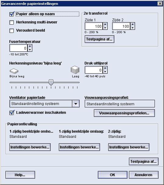 Optie Testpagina De optie Testpagina gebruiken Volg de onderstaande procedure om de diverse opties voor Geavanceerde papierinstellingen te selecteren voor een nieuwe papiervariant vanuit het venster