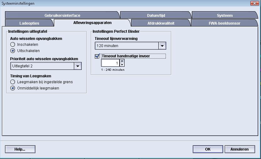 Systeeminstellingen Afleveringsapparaten Dit tabblad is alleen beschikbaar wanneer specifieke afwerkeenheden zijn aangesloten, zoals de uitlegtafel of de Perfect Binder.