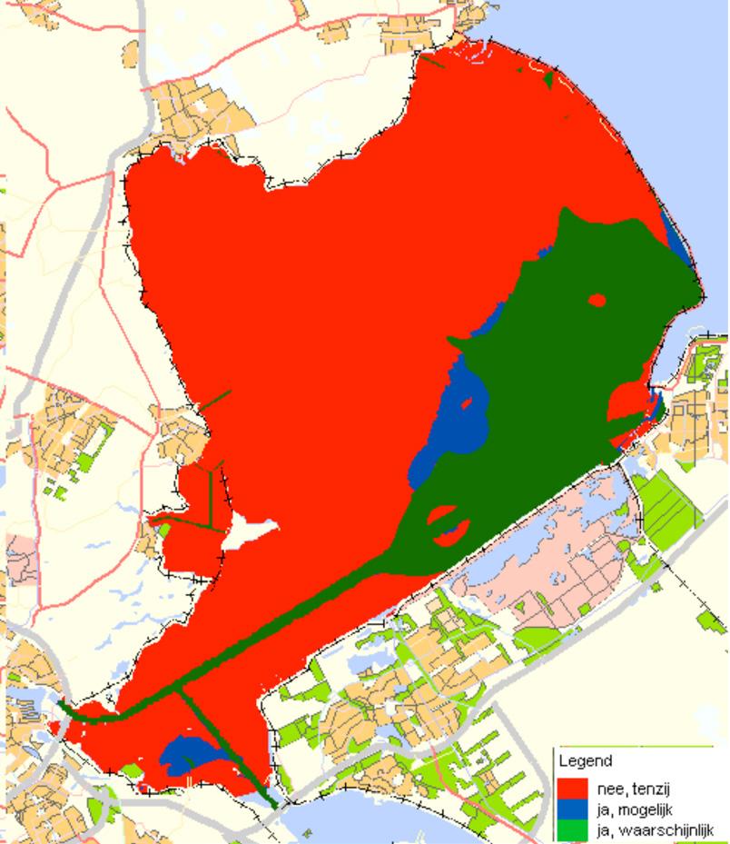 Figuur 5.3 Kansrijkheid van zandwinning in het Markermeer & IJmeer op basis van de potentiële voedsellocaties van duikeenden (tot maximaal 4meter diep). Rood is minder dan 4 meter diep.