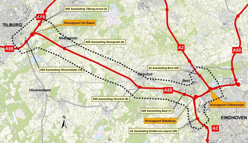 De A58 Tilburg Eindhoven heeft als afbakening het deel van de A58 van ongeveer 21 km van knooppunt De Baars (Tilburg, aansluiting met A65) tot en met knooppunt Batadorp (Eindhoven, aansluiting