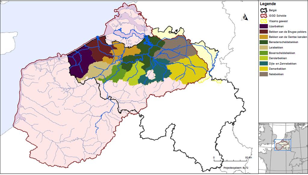 Figuur 1 Situering van het Vlaams deel van het stroomgebieddistrict van de Schelde in het internationale stroomgebieddistrict.