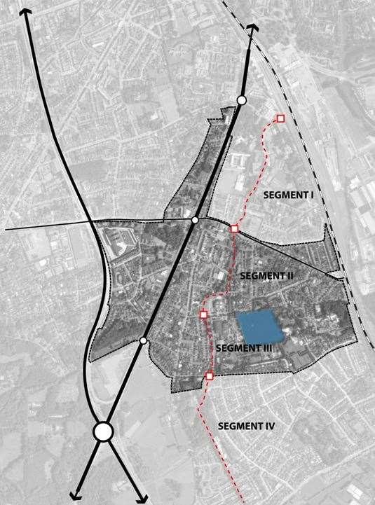 Naast de Koning Albert I-laan als drager voor het gemotoriseerd verkeer vinden we in het plangebied ook het Kerkebeekpad. Ook dit pas kunnen we in 4 segmenten onderverdelen.