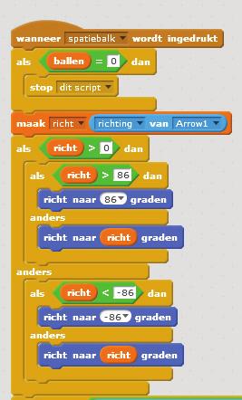 Eerst controleren of we nog ballen overhebben. We zetten de richting waarin de bal geschoten wordt in een variabele(richt).