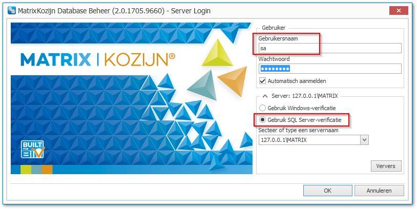 Start de MatrixKozijn Database Beheer applicatie op. Log in als System Administrator (SA) met SQL verificatie.