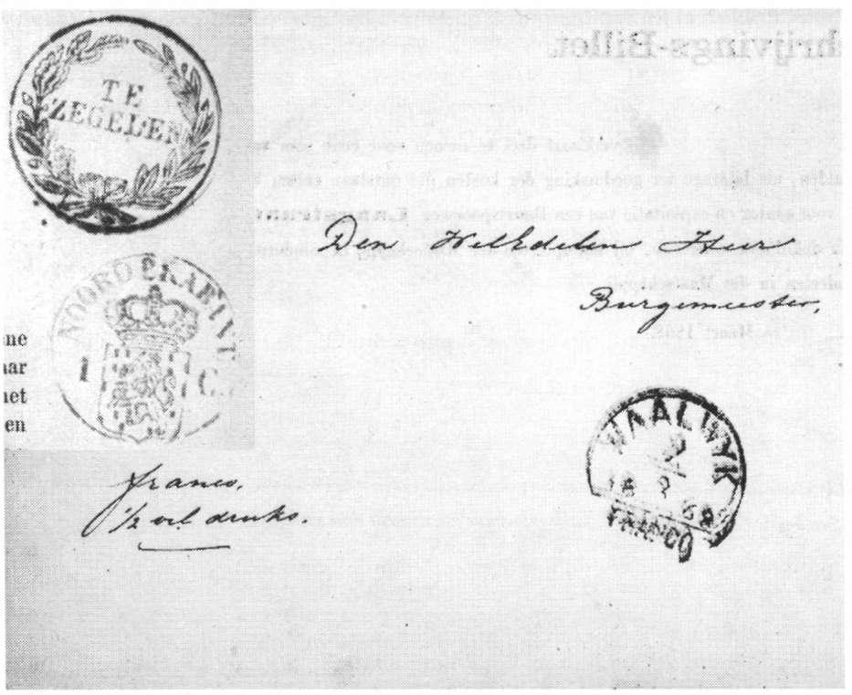 Afbeelding 4: Circulaire uit 1868, frankering was verplicht, maar postzegels werden voor drukwerk nog niet gebruikt, (inzet stempelafdrukken voor zegelrecht) Drukwerkzegels In 1869 werden in