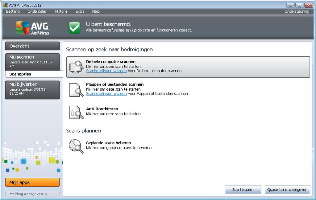 10.5. Scans plannen Met AVG Anti-Virus 2012 kunt u scans op verzoek uitvoeren (bijvoorbeeld als u vermoedt dat uw computer geïnfecteerd is geraakt) of volgens schema.