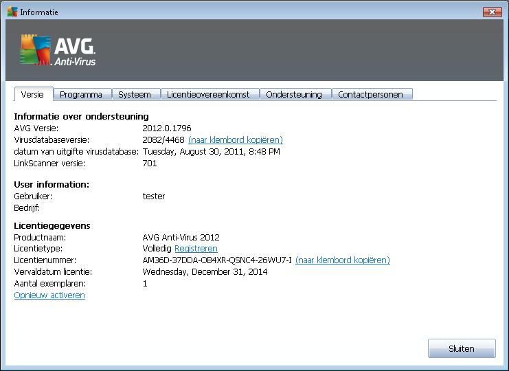 het tabblad Versie is verdeeld in drie secties: Informatie over ondersteuning - Deze sectie biedt informatie over de AVG Anti-Virus 2012 versie, de virusdatabaseversie, de Antispam-databaseversie en