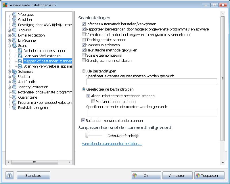 Alle parameters die u instelt in dit configuratiedialoogvenster hebben alleen betrekking op het scannen met de optie Bepaalde mappen of bestanden scannen!